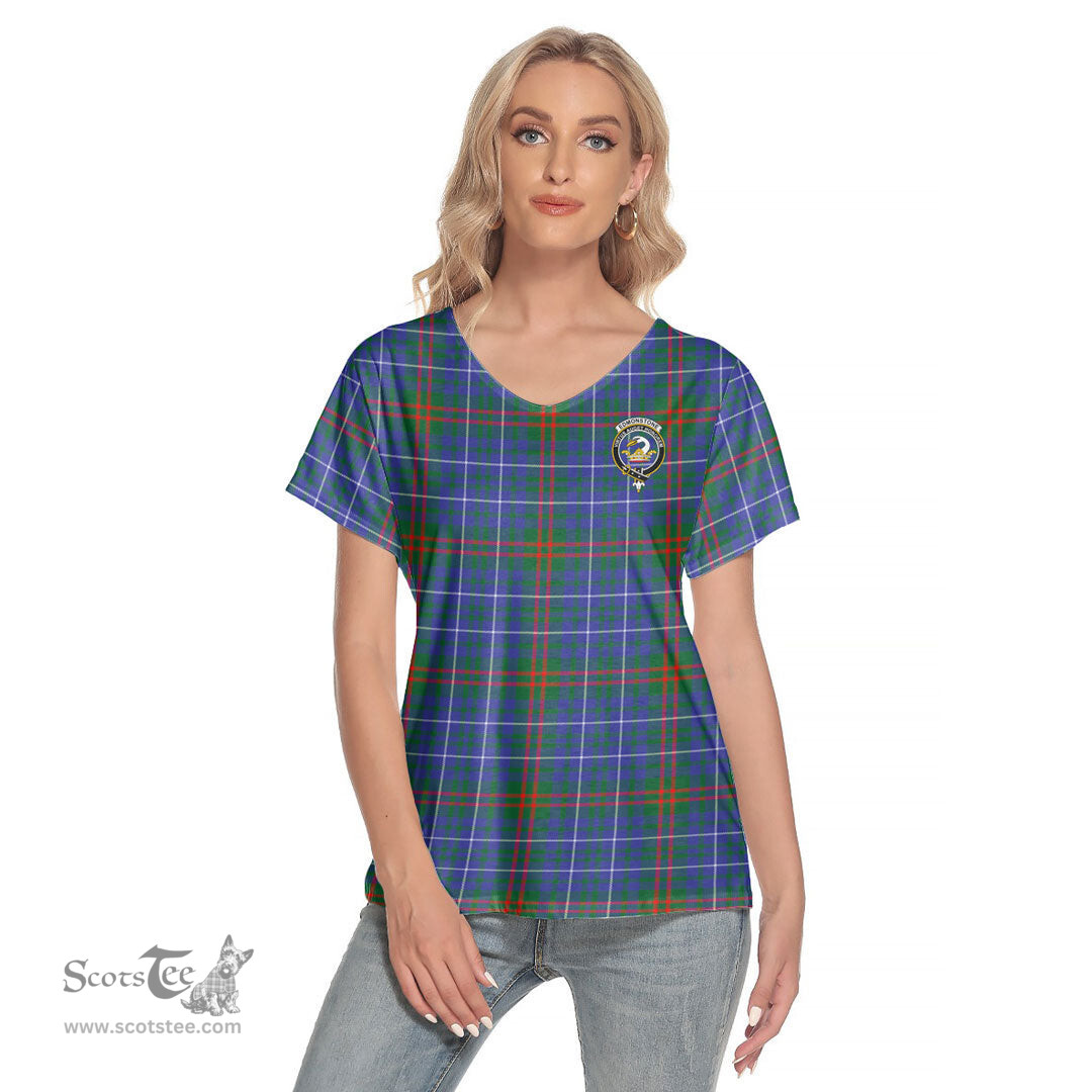 ScotsTee Shop Scottish Edmonstone Clan Crest Tartan Womens V Neck T Shirt