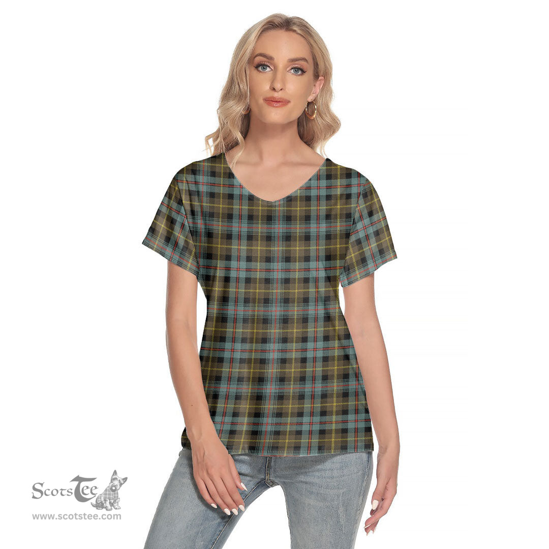 ScotsTee Shop Scottish Farquharson Weathered Clan Tartan Womens V Neck T Shirt