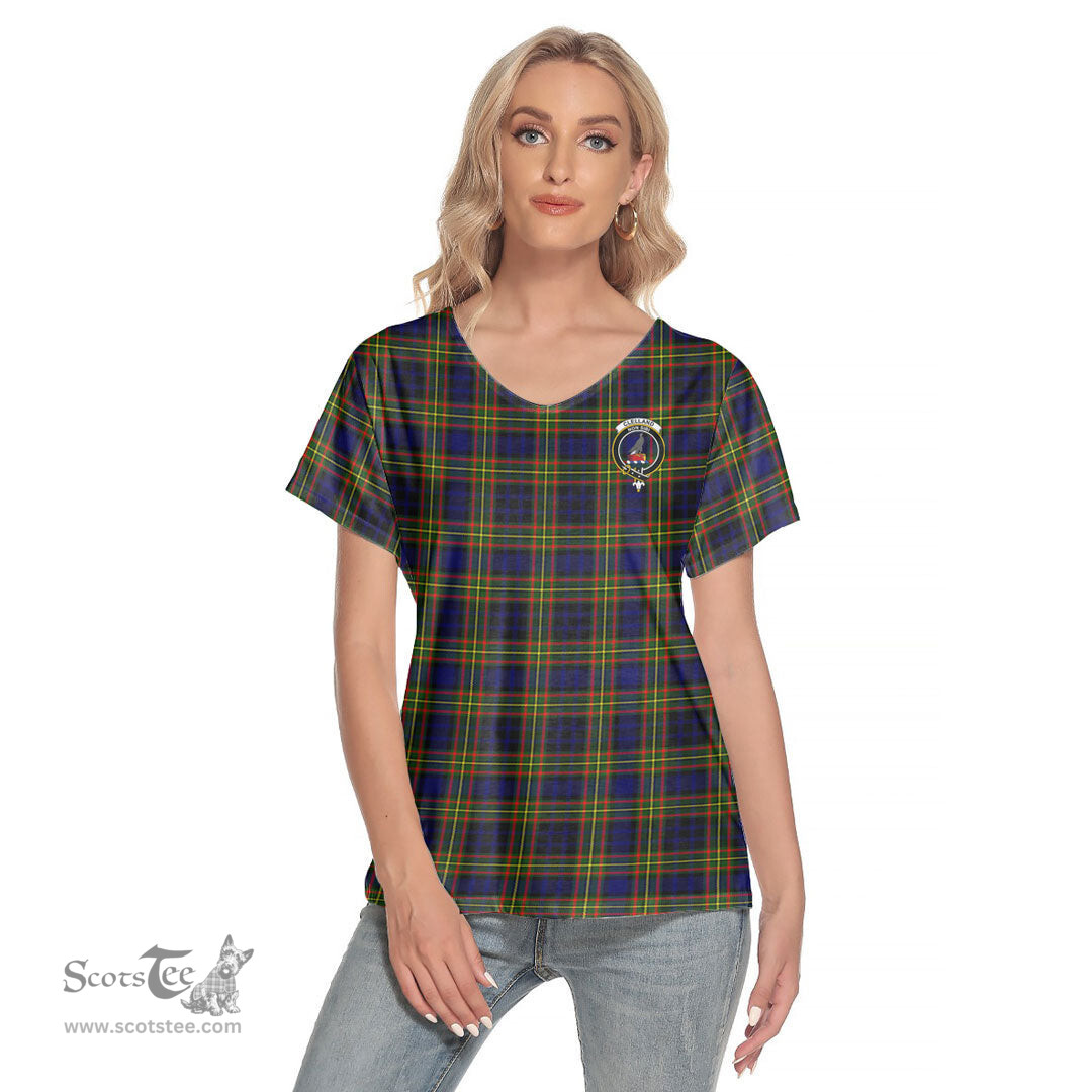 ScotsTee Shop Scottish Clelland Modern Clan Crest Tartan Womens V Neck T Shirt