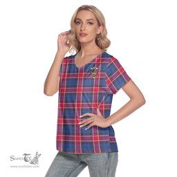 ScotsTee Shop Scottish Graham of Menteith Red Clan Crest Tartan Womens V Neck T Shirt