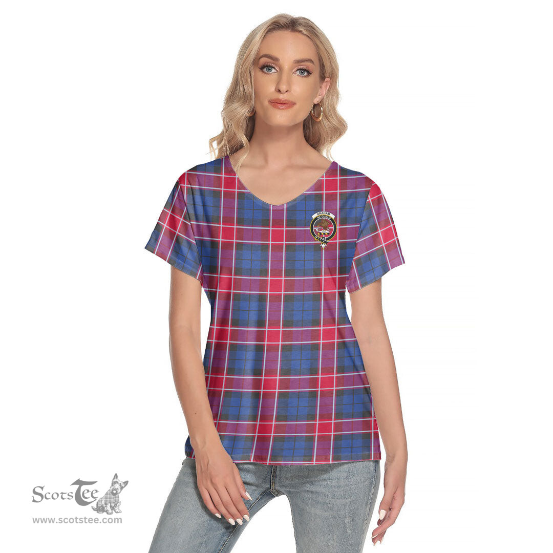 ScotsTee Shop Scottish Graham of Menteith Red Clan Crest Tartan Womens V Neck T Shirt