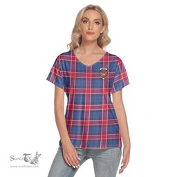 ScotsTee Shop Scottish Graham of Menteith Red Clan Crest Tartan Womens V Neck T Shirt