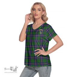 ScotsTee Shop Scottish Carmichael Modern Clan Crest Tartan Womens V Neck T Shirt