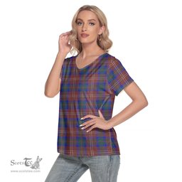 ScotsTee Shop Scottish Chisholm Hunting Modern Clan Tartan Womens V Neck T Shirt