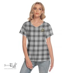 ScotsTee Shop Scottish Douglas Grey Modern Clan Crest Tartan Womens V Neck T Shirt