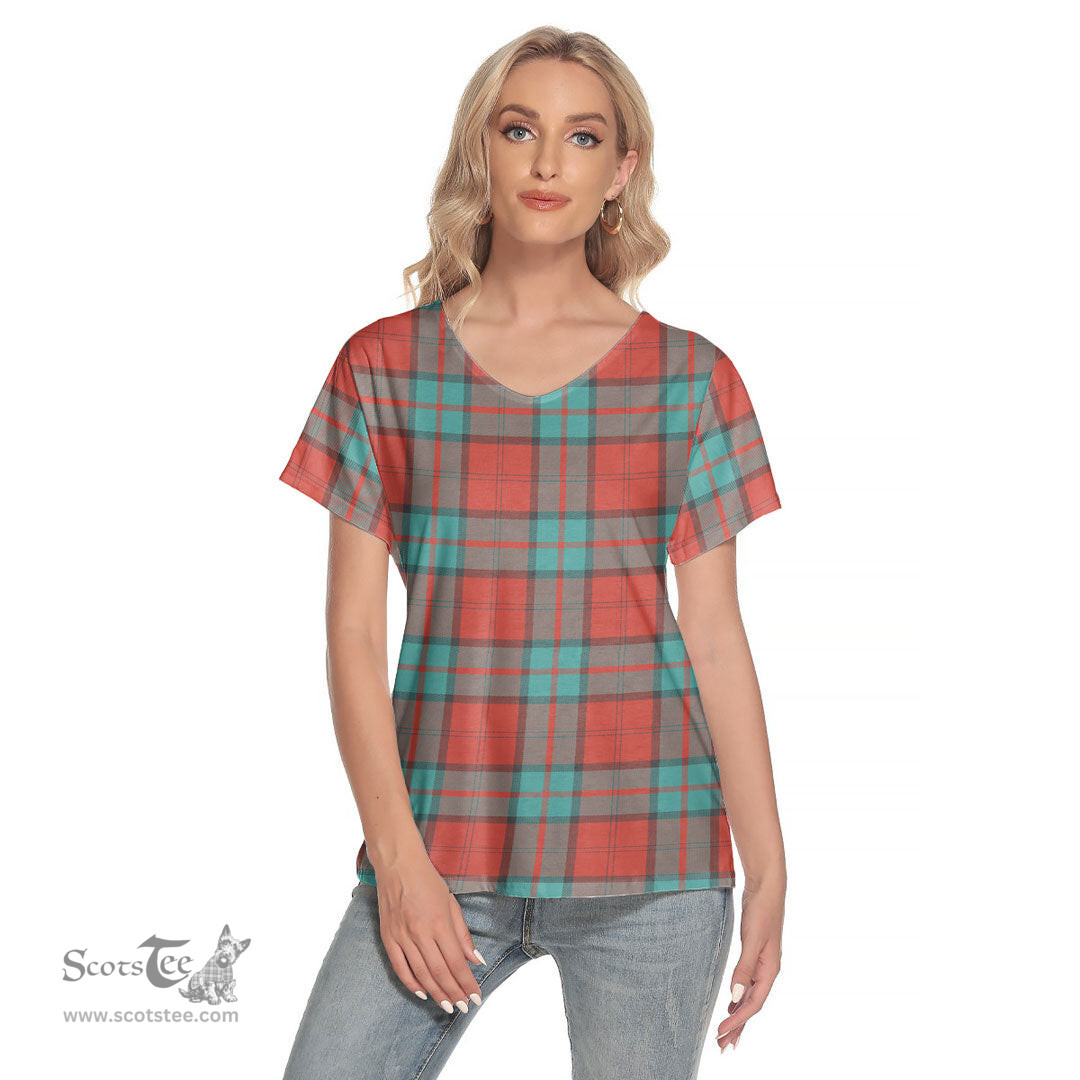 ScotsTee Shop Scottish Dunbar Ancient Clan Tartan Womens V Neck T Shirt