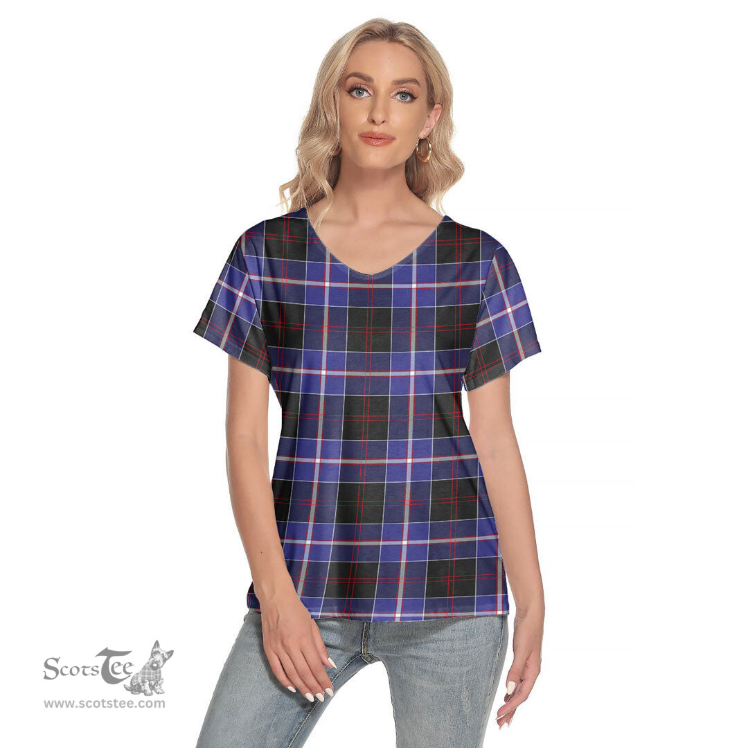 ScotsTee Shop Scottish Dunlop Modern Clan Tartan Womens V Neck T Shirt