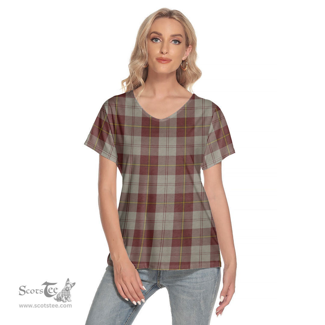 ScotsTee Shop Scottish Cunningham Burgundy Dancers Clan Tartan Womens V Neck T Shirt