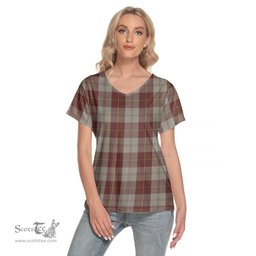 ScotsTee Shop Scottish Cunningham Burgundy Dancers Clan Tartan Womens V Neck T Shirt