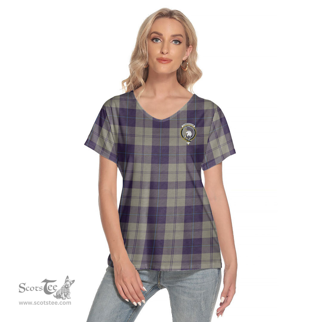 ScotsTee Shop Scottish Cunningham Dress Blue Dancers Clan Crest Tartan Womens V Neck T Shirt