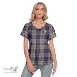 ScotsTee Shop Scottish Cunningham Dress Blue Dancers Clan Crest Tartan Womens V Neck T Shirt