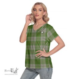 ScotsTee Shop Scottish Cunningham Dress Green Dancers Clan Crest Tartan Womens V Neck T Shirt