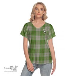 ScotsTee Shop Scottish Cunningham Dress Green Dancers Clan Crest Tartan Womens V Neck T Shirt