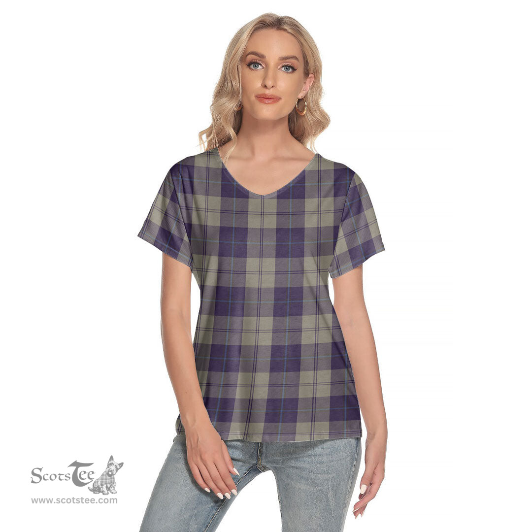 ScotsTee Shop Scottish Cunningham Dress Blue Dancers Clan Tartan Womens V Neck T Shirt