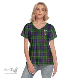 ScotsTee Shop Scottish Forsyth Modern Clan Crest Tartan Womens V Neck T Shirt
