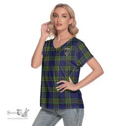 ScotsTee Shop Scottish Colquhoun Modern Clan Crest Tartan Womens V Neck T Shirt