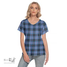 ScotsTee Shop Scottish MacKay Blue Clan Tartan Womens V Neck T Shirt