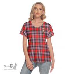 ScotsTee Shop Scottish MacFarlane Modern Clan Crest Tartan Womens V Neck T Shirt