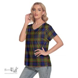 ScotsTee Shop Scottish MacLellan Modern Clan Tartan Womens V Neck T Shirt