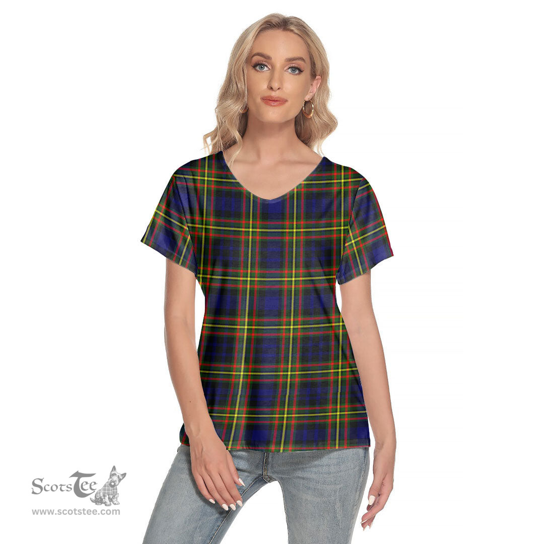 ScotsTee Shop Scottish MacLellan Modern Clan Tartan Womens V Neck T Shirt