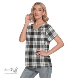 ScotsTee Shop Scottish MacFarlane Black White Ancient Clan Crest Tartan Womens V Neck T Shirt
