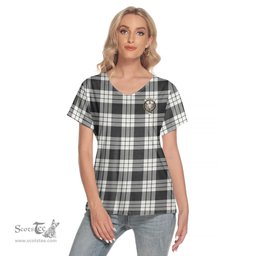 ScotsTee Shop Scottish MacFarlane Black White Ancient Clan Crest Tartan Womens V Neck T Shirt