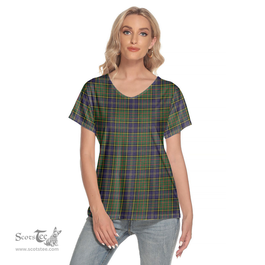 ScotsTee Shop Scottish MacMillan Hunting Modern Clan Tartan Womens V Neck T Shirt