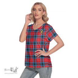 ScotsTee Shop Scottish MacTavish Modern Clan Crest Tartan Womens V Neck T Shirt