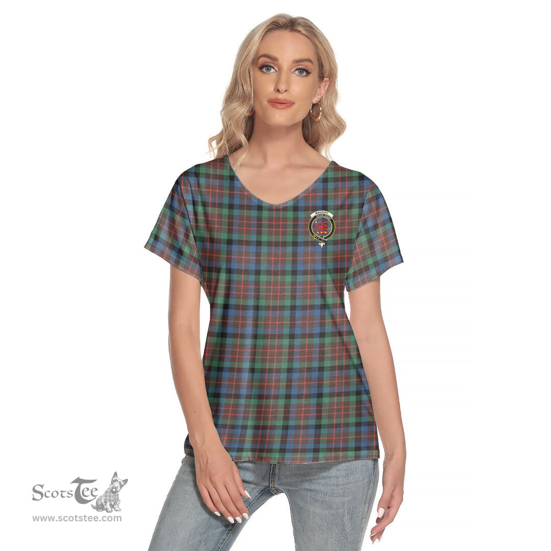 ScotsTee Shop Scottish MacDuff Hunting Ancient Clan Crest Tartan Womens V Neck T Shirt
