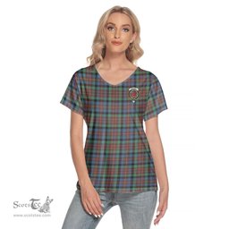 ScotsTee Shop Scottish MacDuff Hunting Ancient Clan Crest Tartan Womens V Neck T Shirt
