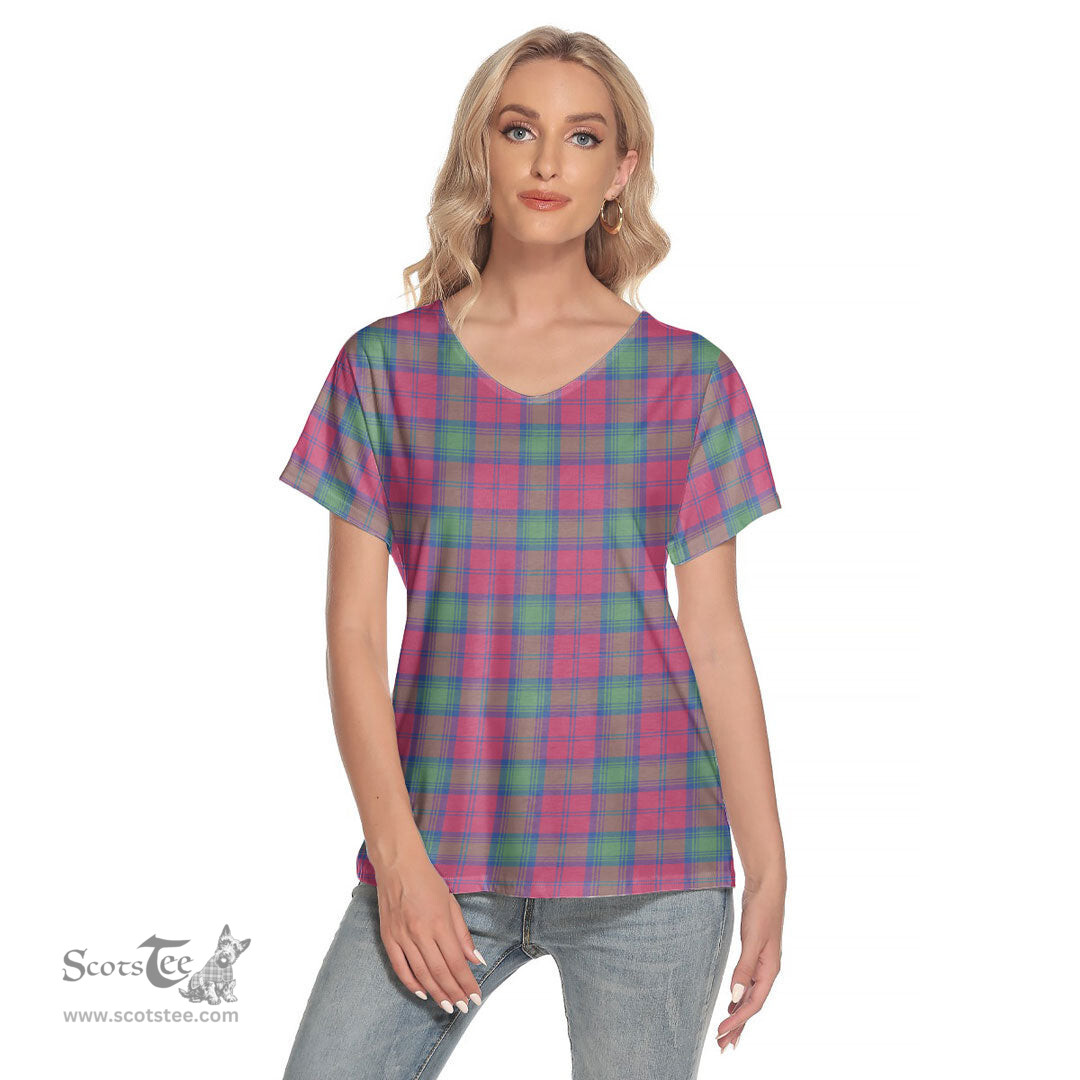 ScotsTee Shop Scottish Lindsay Ancient Clan Tartan Womens V Neck T Shirt