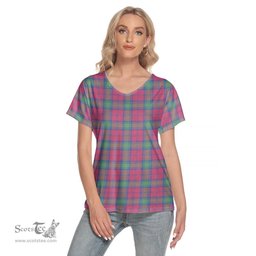 ScotsTee Shop Scottish Lindsay Ancient Clan Tartan Womens V Neck T Shirt