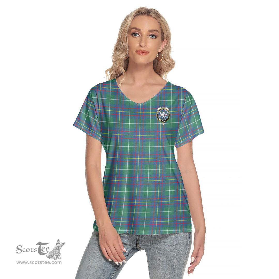 ScotsTee Shop Scottish Inglis Ancient Clan Crest Tartan Womens V Neck T Shirt