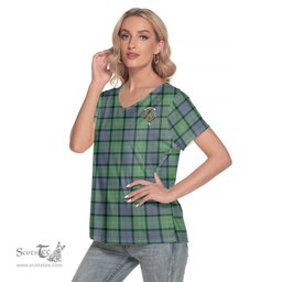 ScotsTee Shop Scottish MacThomas Ancient Clan Crest Tartan Womens V Neck T Shirt