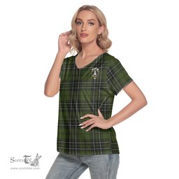 ScotsTee Shop Scottish MacLean Hunting Clan Crest Tartan Womens V Neck T Shirt