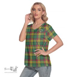 ScotsTee Shop Scottish MacMillan Old Ancient Clan Crest Tartan Womens V Neck T Shirt