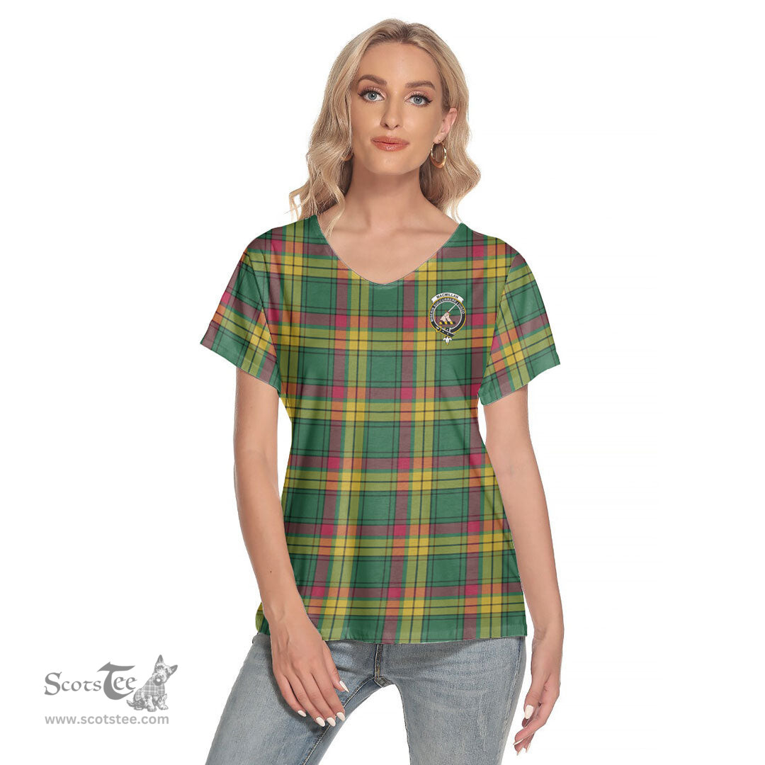 ScotsTee Shop Scottish MacMillan Old Ancient Clan Crest Tartan Womens V Neck T Shirt