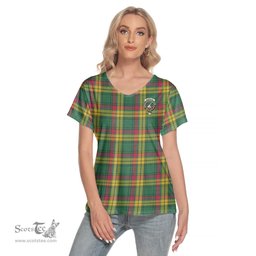 ScotsTee Shop Scottish MacMillan Old Ancient Clan Crest Tartan Womens V Neck T Shirt