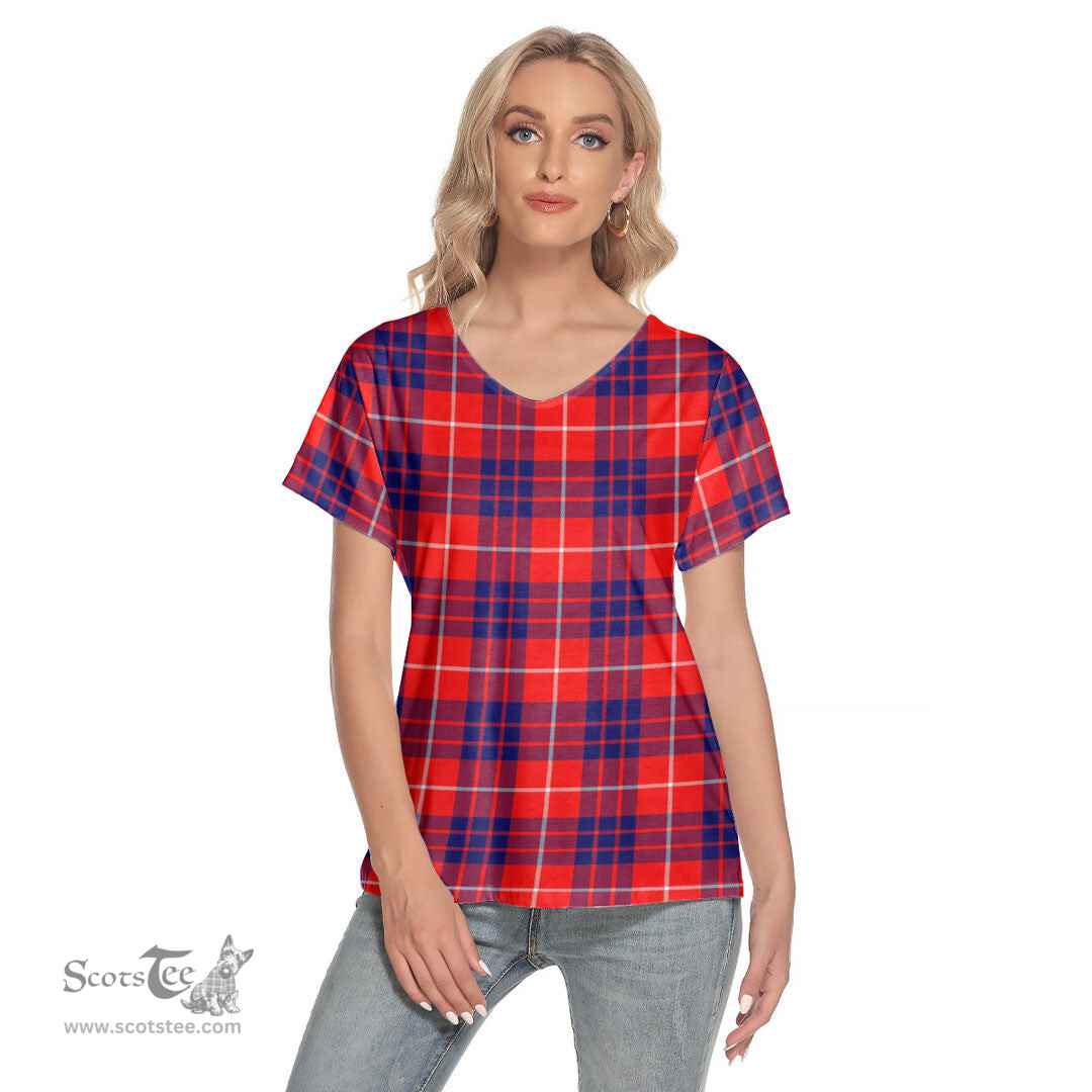 ScotsTee Shop Scottish Hamilton Modern Clan Tartan Womens V Neck T Shirt