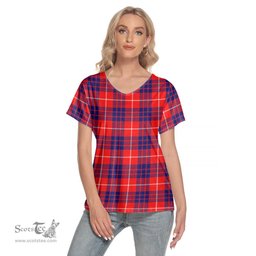 ScotsTee Shop Scottish Hamilton Modern Clan Tartan Womens V Neck T Shirt