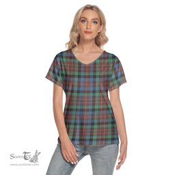 ScotsTee Shop Scottish MacDuff Hunting Ancient Clan Tartan Womens V Neck T Shirt