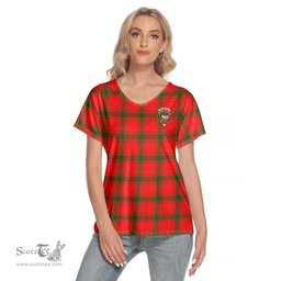 ScotsTee Shop Scottish MacDonald of Sleat Clan Crest Tartan Womens V Neck T Shirt