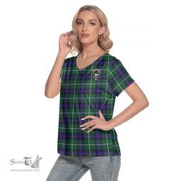 ScotsTee Shop Scottish MacDonald of the Isles Hunting Modern Clan Crest Tartan Womens V Neck T Shirt