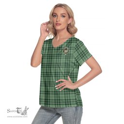 ScotsTee Shop Scottish MacDonald Lord of the Isles Hunting Clan Crest Tartan Womens V Neck T Shirt