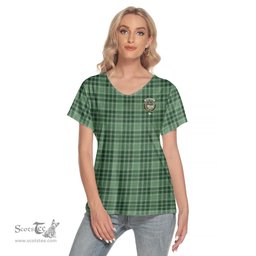 ScotsTee Shop Scottish MacDonald Lord of the Isles Hunting Clan Crest Tartan Womens V Neck T Shirt