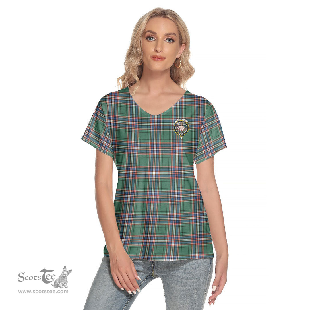 ScotsTee Shop Scottish MacFarlane Hunting Ancient Clan Crest Tartan Womens V Neck T Shirt