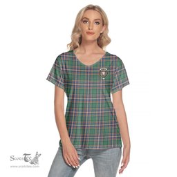 ScotsTee Shop Scottish MacFarlane Hunting Ancient Clan Crest Tartan Womens V Neck T Shirt