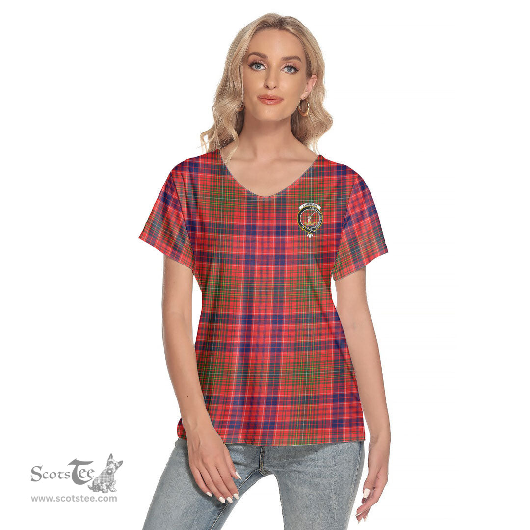 ScotsTee Shop Scottish Lumsden Modern Clan Crest Tartan Womens V Neck T Shirt