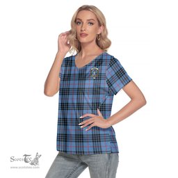 ScotsTee Shop Scottish MacKay Blue Clan Crest Tartan Womens V Neck T Shirt