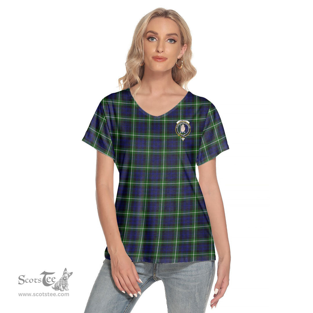 ScotsTee Shop Scottish Lamont Modern Clan Crest Tartan Womens V Neck T Shirt